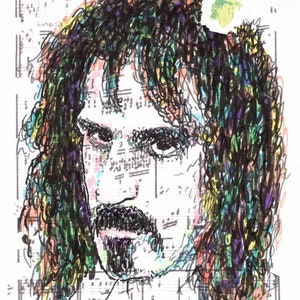 Puede incluir: Un retrato a pluma y tinta de un hombre con pelo largo y rizado y bigote, sobre un fondo de notas musicales. La obra de arte incluye el texto "a Professor" y "Foolscap design".