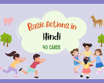 Hindi Karteikarten für Kinder | 40 Basic Action Words | Lern- und Lernmittel Digitaler Download | Zweisprachiges Sprachenlernen für Kinder