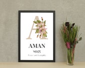 Personalised name poster, wall art decor with Punjabi script and meaning decorative letter A