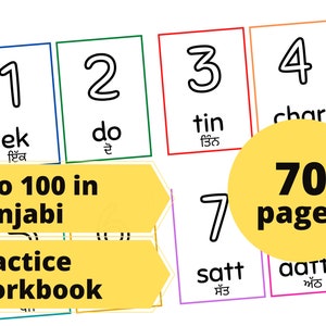 Punjabi flashcards, Learn English/Punjabi Numbers, 1 to 100 with worksheets, 70 Pages, Montessori, Homeschooling, Learn Language