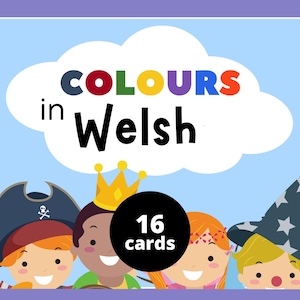 May include: A set of 16 colorful flashcards featuring the word "COLOURS" in a rainbow of colors and the word "Welsh" in black. The cards are designed to teach children colors in the Welsh language.