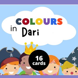 May include: A set of 16 colorful flashcards featuring the word "COLORS" in rainbow letters and the word "Dari" in black letters. The cards are designed to teach colors in the Dari language.