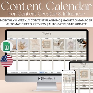 Könnte beinhalten: Ein Computerbildschirm und ein Tablet zeigen eine Content-Kalender-App mit einer Wochenansicht. Die App bietet eine Feed-Vorschau, einen Hashtag-Manager und automatische Datumsaktualisierungen. Die App ist für Content-Ersteller und Influencer konzipiert.