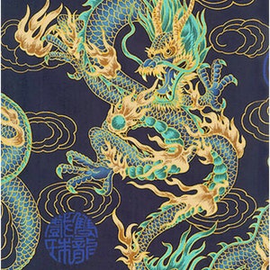 FIRE-BREATHING DRAGONS: Navy Blue Asian Japanese Fabric (By the Yard)
