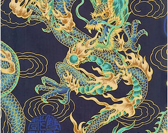 May include: Navy blue fabric featuring a detailed illustration of a dragon in shades of blue and gold. The dragon is surrounded by stylized clouds. A circular emblem with Asian characters is also present.