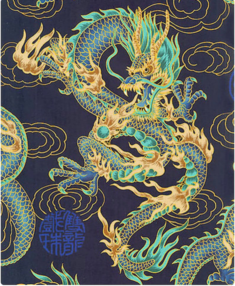 FIREBREATHING DRAGONS Navy Blue Asian Japanese Fabric by Etsy