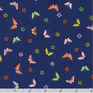 Kiku - Mariposas y flores - Azul marino - Por media yarda - Tela para acolchado 100 % algodón - Fabricada en Japón