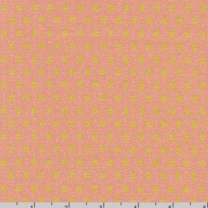 FLORES Y CÍRCULOS: Tela asiática metalizada color melocotón/rosa dorado - Por 1/2 yarda Colección Imperial 18
