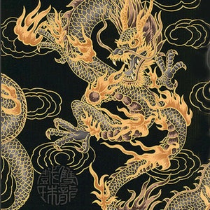 1 Yard FIRE-BREATHING DRAGONS: Black Asian Japanese Fabric