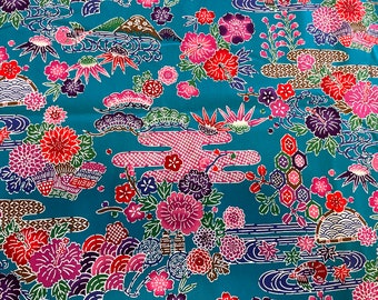 Okinawa Bingata Fabric Hibiscus & Mountain: Blue - Half Yard - Cotton 100%
