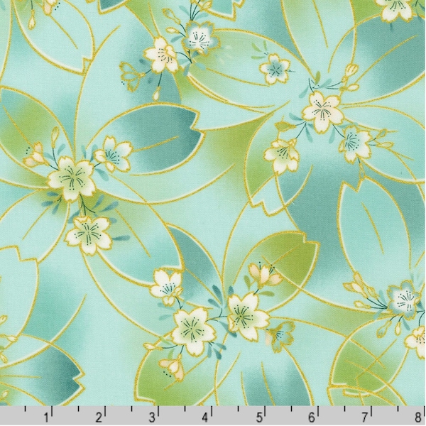 Imperial Collection: Honoka - Flower - Aqua/Gold - By the Half Yard - Cotton 100% Quilting Fabric - Made in Japan