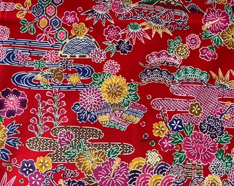 Okinawa Bingata Fabric Hibiscus & Mountain: Red - Half Yard - Cotton 100%