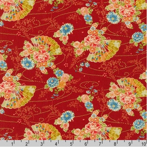 Kiku - Fans & flowers - Red/Gold - By the Half Yard - Cotton 100% Quilting Fabric - Made in Japan