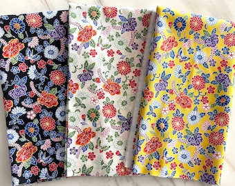 3 Okinawa Bingata -  Fat Eighth Fabric Bundle: Flowers & Butterflies - Cotton 100% - Perfect for Quilts, Craft Projects - Japanese - Asian