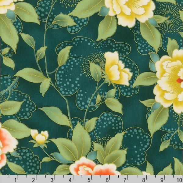 Imperial Collection: Honoka - Flowers & Leaves - Teal/Gold - By the Half Yard - Cotton 100% Quilting Fabric - Made in Japan