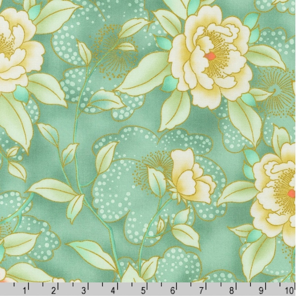 Imperial Collection: Honoka - Flowers & Leaves - Aqua/Gold - By the Half Yard - Cotton 100% Quilting Fabric - Made in Japan