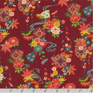 Kiku - Maple leaves, Fans & flowers - Red/Gold - By the Half Yard - Cotton 100% Quilting Fabric - Made in Japan