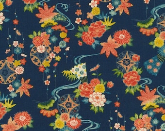 Kiku - Maple leaves, Fans & flowers - Navy/Gold - By the Half Yard - Cotton 100% Quilting Fabric - Made in Japan