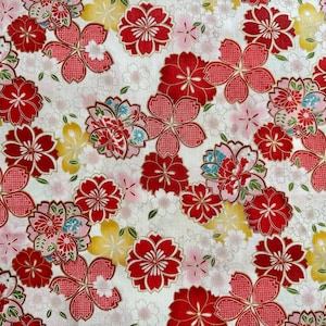 Old Japanese - Cherry Blossoms - White/Red/Gold - By the Half Yard - Cotton 100% Quilting Fabric - Made in Japan