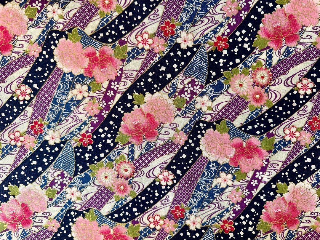 Diagonal Noshi/flowers Navy/gold Half Yard Cotton 100% Made in Japan - Etsy