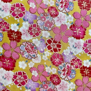 Old Japanese - Cherry Blossoms - Yellow/Gold - By the Half Yard - Cotton 100% Quilting Fabric - Made in Japan