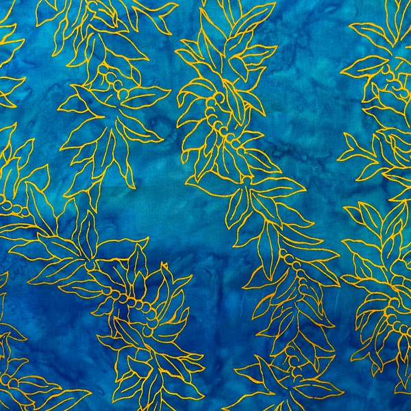 Hawaiian Lei - Batik - Blue w/Gold Cotton - Hand painted - Half yard