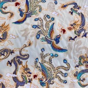 Dragon & Phoenix: Beige/Cream - Asian Fabric (By the Yard) Cotton 100% Broadcloth