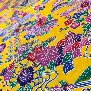 Okinawa Bingata Fabric Hibiscus & Mountain: Yellow - Half Yard - Cotton ...