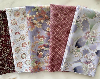 5 Fat Eighth Bundle - Purple/Lavender/Plum/Gold - Honoka- Imperial Collection- Cotton 100% - Asian Fabrics - Made in Japan