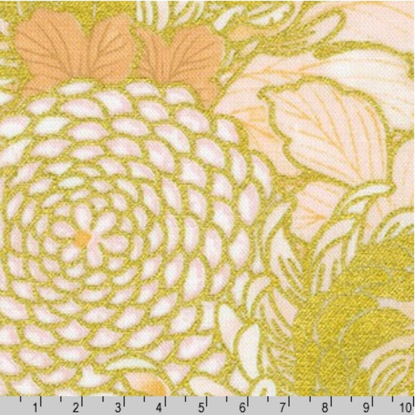 MUM FLOWERS: Pink/Peach/Gold metallic Asian Fabric - By the 1/2 Yard Imperial Collection 18