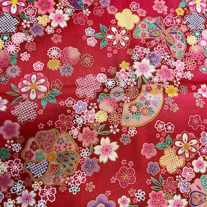 Diagonal flowers - Red/Gold - Half Yard - Cotton 100% Made in Japan