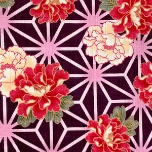 PEONIES - Purple Asian Japanese Cotton Dobby Fabric from Japan - Half yard