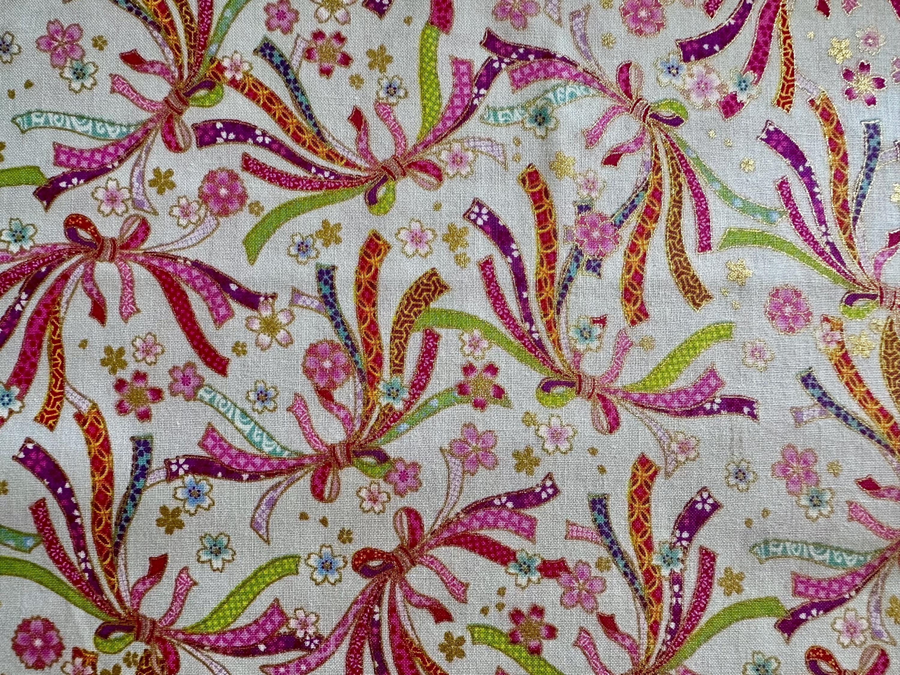 Ribbon “Noshi” & Flowers - White/Gold - Japanese Fabric - HALF YARD - Cotton 100%