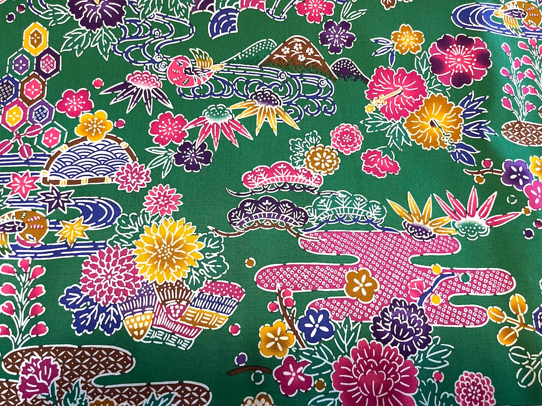 Okinawa Bingata Fabric Hibiscus & Mountain: Green - Half Yard - Cotton ...