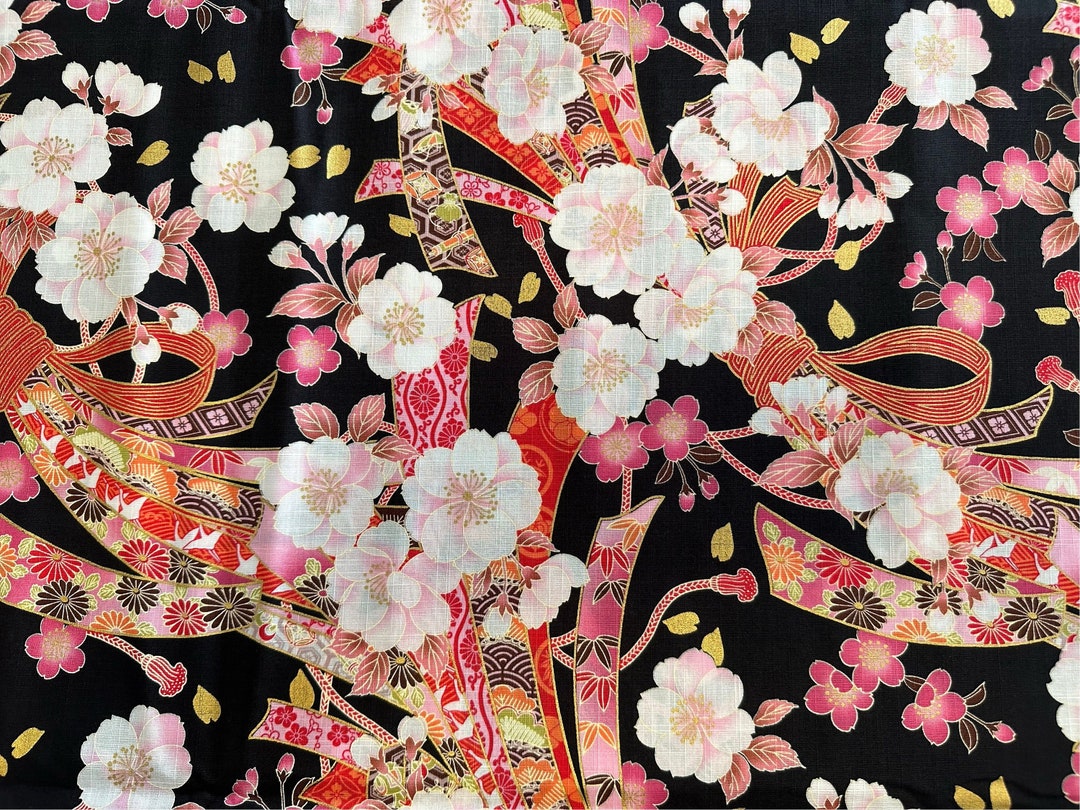 Cherry Blossoms & Noshi - Black/gold - Half Yard - Cotton 100% Made in ...