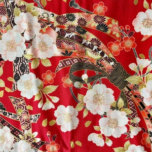 Flores de cerezo y noshi - Rojo/dorado - Media yarda - Algodón 100 % fabricado en Japón
