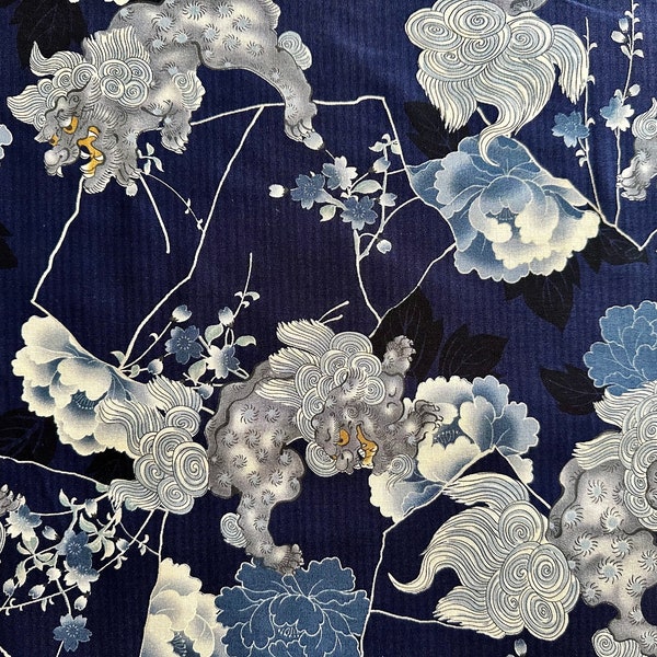 Old Japanese - Lion - Navy/Blue - By the Half Yard - Cotton 100% Quilting Fabric - Made in Japan