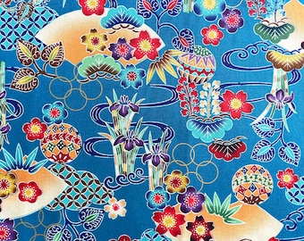 Okinawa Bingata Fabric: Blue/Gold - Half Yard - Cotton 100% Made in Japan