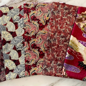 5 RED & GOLD Asian Japanese Fat Eighth Fabric Bundle: Perfect for Quilts, Craft Projects