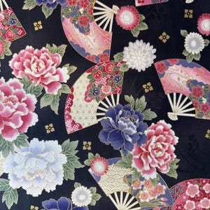 Fans & Flowers - Black/Gold - By the Half Yard - Cotton 100% Quilting Fabric - Made in Japan