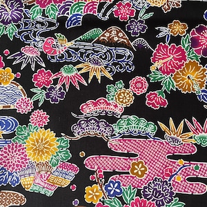 Okinawa Bingata Fabric Hibiscus & Mountain: Black - Half Yard - Cotton 100%