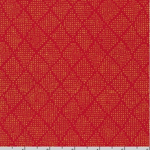 DIAMOND SHPAES DOTS: Ruby/Gold Red metallic Asian Fabric - By the 1/2 Yard Imperial Collection 18