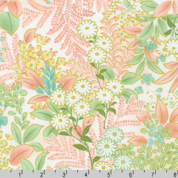 Imperial Collection: Honoka - Flowers & Leaves - Pastel/Pink/Green/Gold - By the Half Yard - Cotton 100% Quilting Fabric - Made in Japan