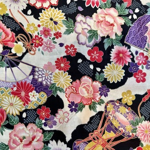 Old Japanese - Flowers & Fans - Black/Gold - By the Half Yard - Cotton 100% Quilting Fabric - Made in Japan