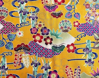 Okinawa Bingata Fabric: Yellow/Orange/Gold - Half Yard - Cotton 100% Made in Japan