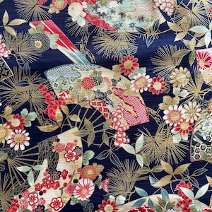 KIMONO DESIGN: Navy/Gold - Fans & flowers - Japanese Fabric - 100% Cotton Sateen Dobby - Half yard