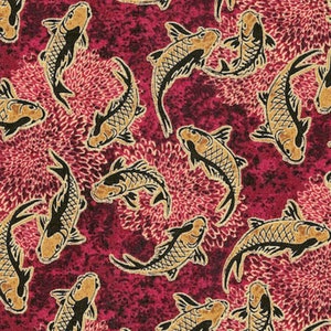 GILDED KOI: Tela asiática japonesa roja y dorada - Media yarda