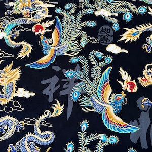 Dragon & Phoenix: Black - Asian Fabric (By the Yard) Cotton 100% Broadcloth