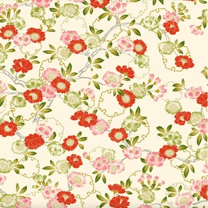 Hyakka Ryoran - Floral - Cream/White/Gold - By the Half Yard - Cotton 100% Quilting Fabric - Made in Japan