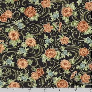 Kyoto Gardens - Flowers & Foliage - Black - By the Half Yard - Cotton 100% Quilting Fabric - Made in Japan